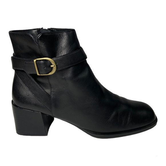 AEROSOLES Shoes - Leather Ankle Boots Women Size 8.5 Black Block Heel Aerosoles By What's What